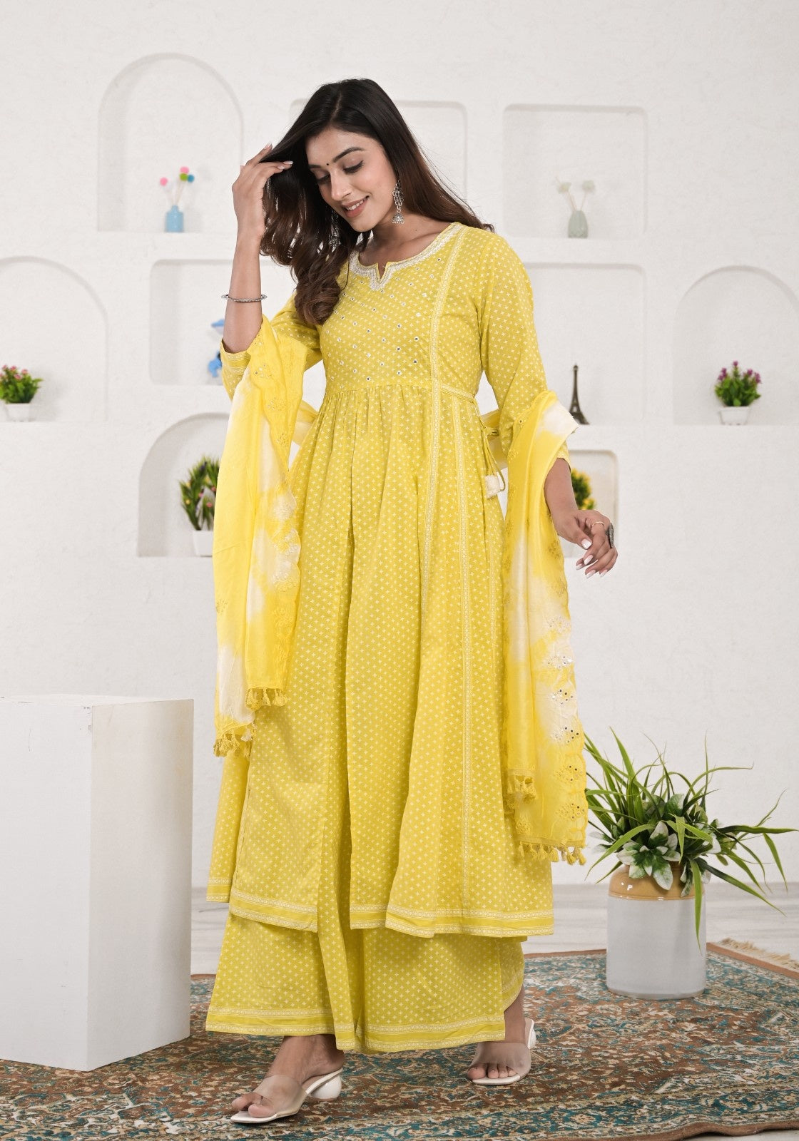 Women Lime Green Color Embroidery Embellished A-line Kurta With Pant Dupatta set