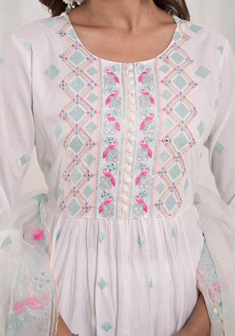 Women White Color Embroidery Embellished Anarkali  Kurta With Sharara Dupatta set
