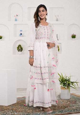 Women Embroidery Embellished Anarkali Kurta With Sharara Dupatta set