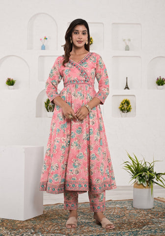 Women Peach Color Embroidery And Printed Anarkali Kurta With Pant Dupatta set