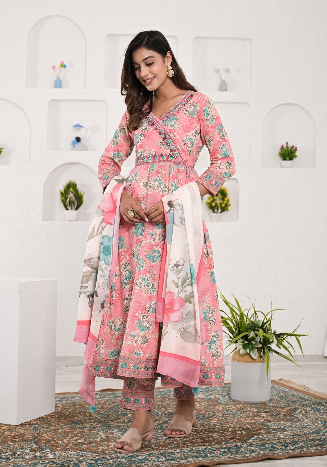 Women Peach Color Embroidery And Printed Anarkali Kurta With Pant Dupatta set