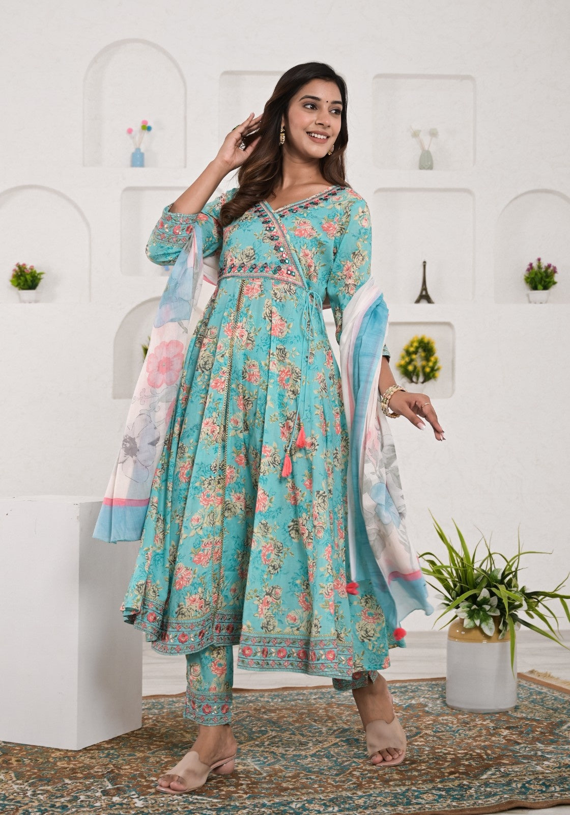 Women Green Color Embroidery And Printed Anarkali Kurta With Pant Dupatta set