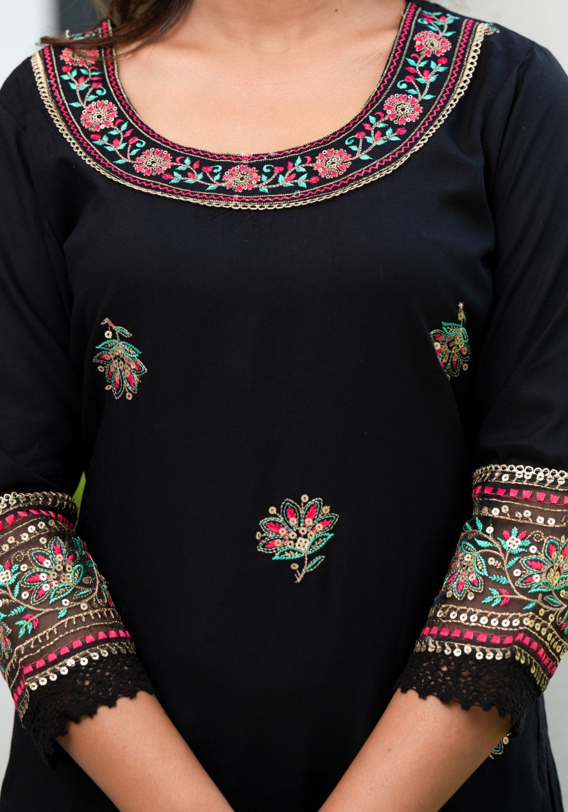 Women Black Color Embroidery Kurta Sharara And Dupatta Set
