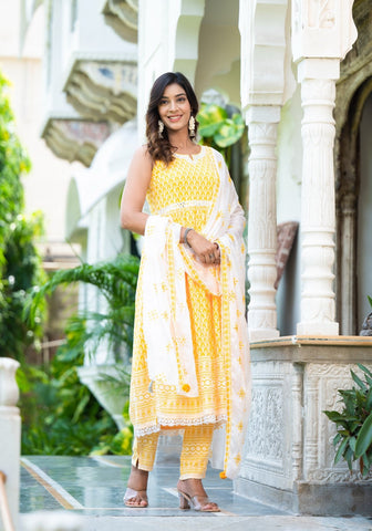 Women Yellow Color Embroidery Kurta Pant And Dupatta Set