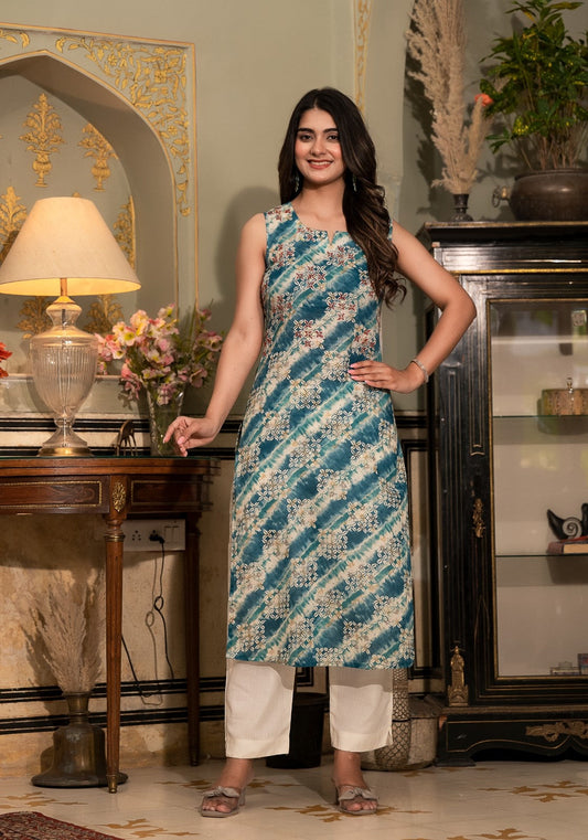 Women Aqua Leheriya  Printed  with Squince & Thread Hand Work embroidrey Embellished Sleeveless Straight Kurta