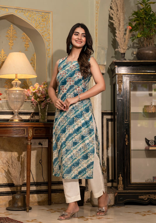 Women Aqua Leheriya  Printed  with Squince & Thread Hand Work embroidrey Embellished Sleeveless Straight Kurta