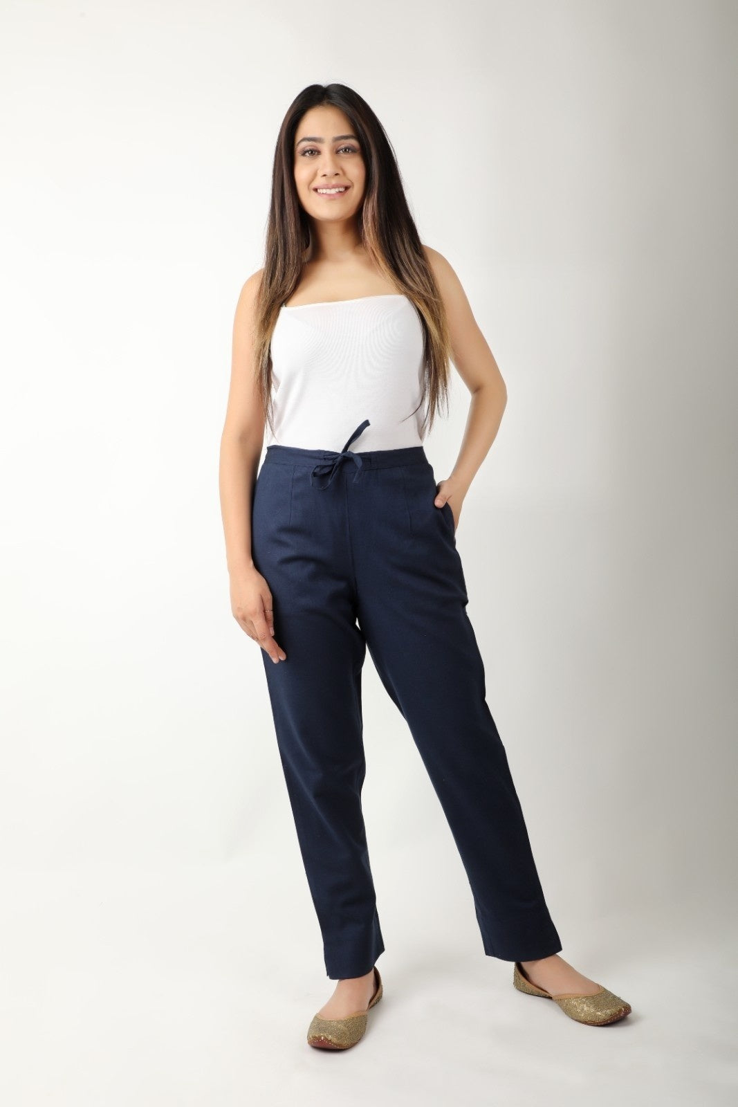 Women Navy Blue Regular Cotton Trousers