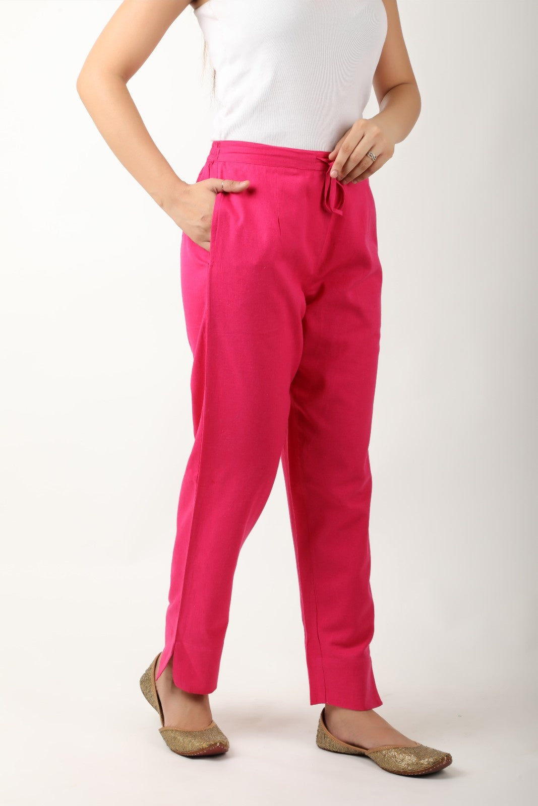 Women Solid Rani Pink Regular Cotton Trousers