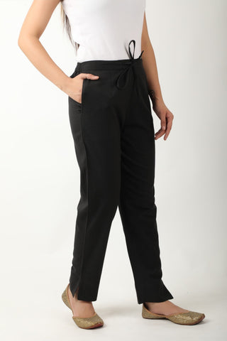Women Solid Black Regular Cotton Trousers
