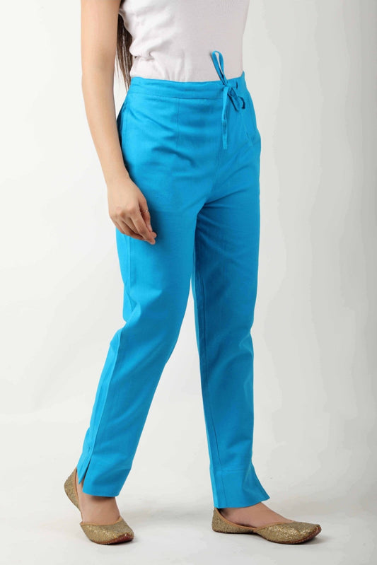 Women Solid Turquoise Blue Regular Cotton Trousers