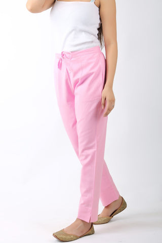 Women Solid Baby Pink Regular Cotton Trousers
