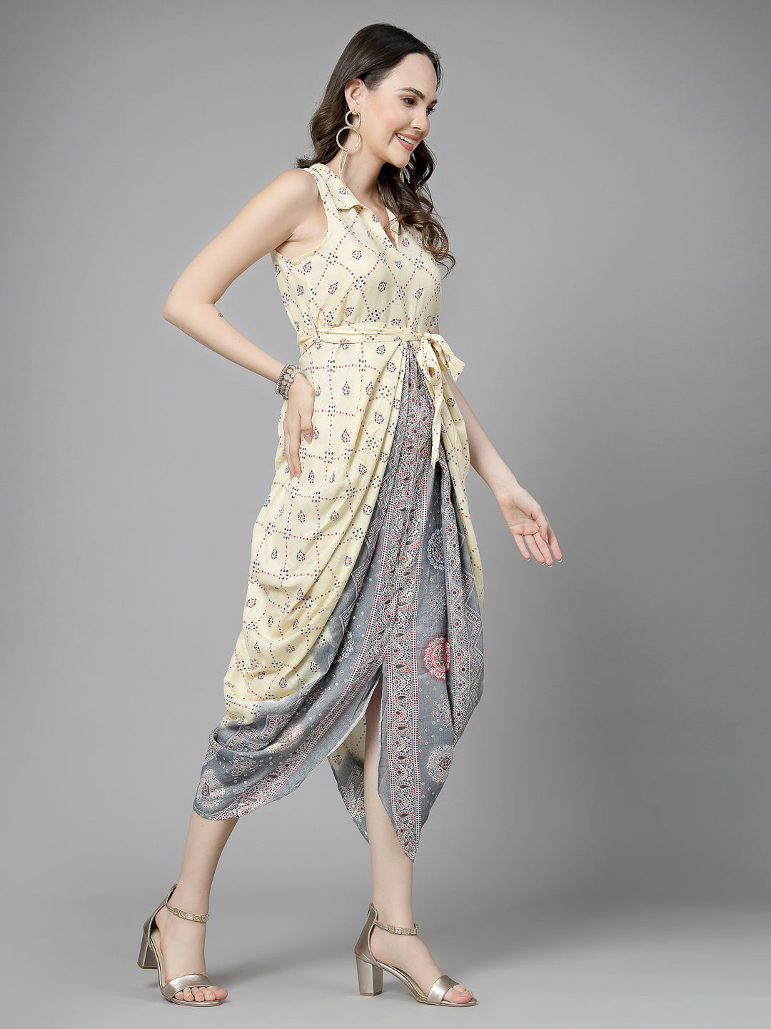 Women Grey Color Bandhani Print Jumpsuit Dress