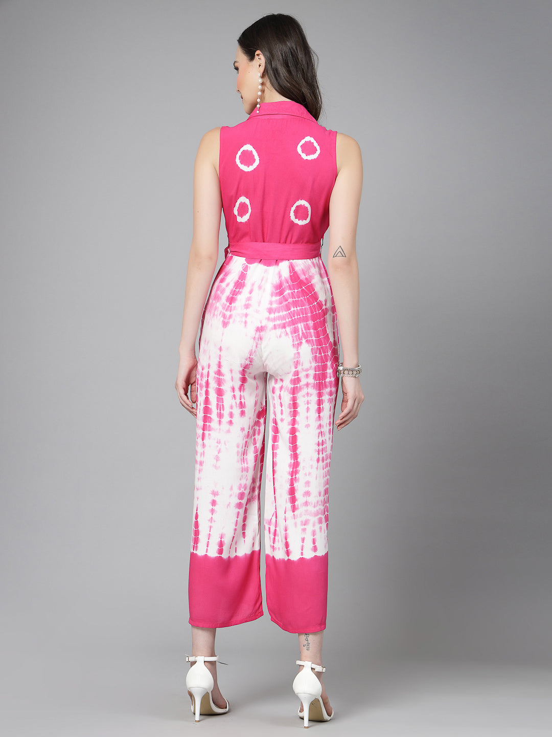 Women Pink Color Tiy-Dye Print Jumpsuit Dress