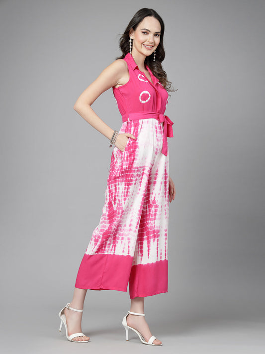 Women Pink Color Tiy-Dye Print Jumpsuit Dress