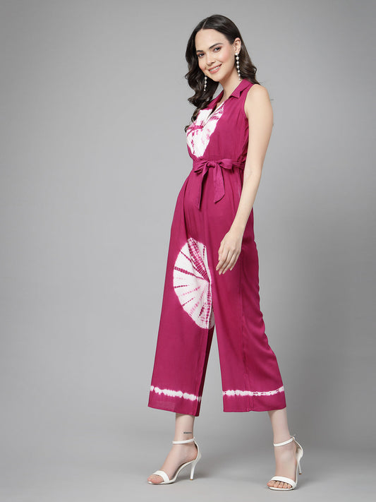 Women Purple Color Tiy-Dye Print Jumpsuit Dress