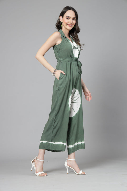 Women Green Color Tiy-Dye Print Jumpsuit Dress