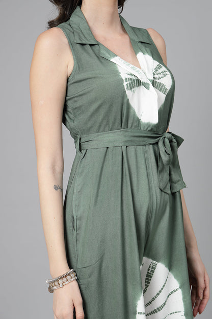 Women Green Color Tiy-Dye Print Jumpsuit Dress