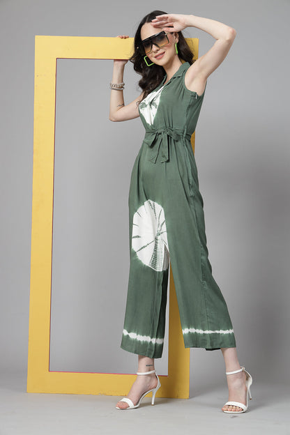 Women Green Color Tiy-Dye Print Jumpsuit Dress