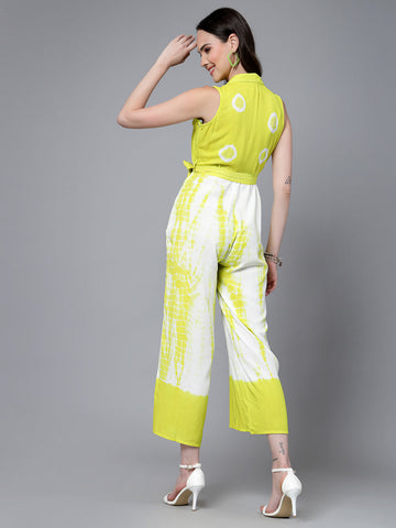 Women Lime Green Color Tiy-Dye Print Jumpsuit Dress