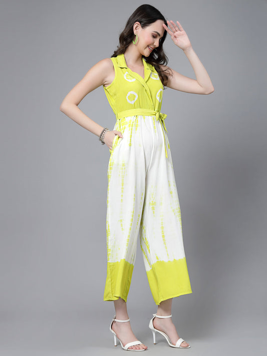 Women Lime Green Color Tiy-Dye Print Jumpsuit Dress