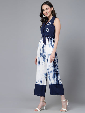 Women Blue Color Tiy-Dye Print Jumpsuit Dress