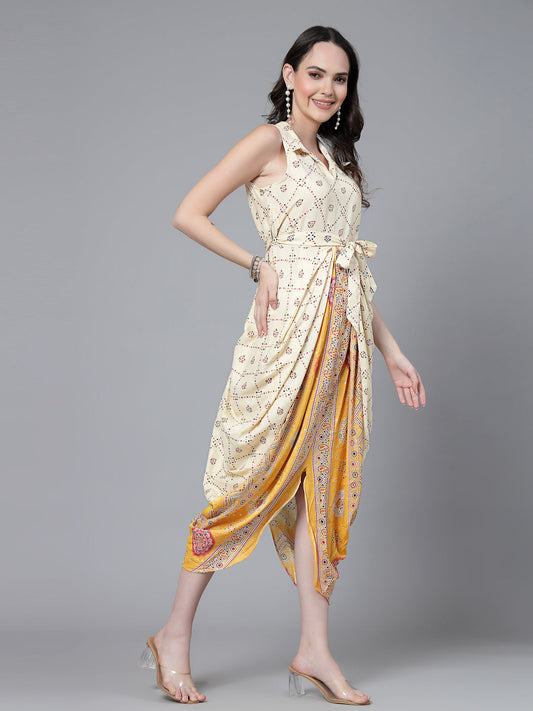 Women Yellow Color Bandhani Print Jumpsuit Dress