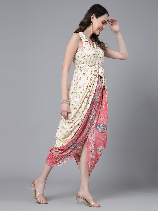 Women Pink Color Bandhani Print Jumpsuit Dress